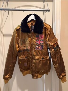Men's Satin Bomber Jacket with Black Fur Collar - Golden Brown